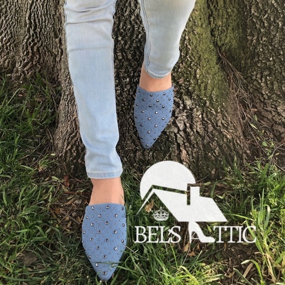 Shoes - Blue Denim Studded Slip On Mules